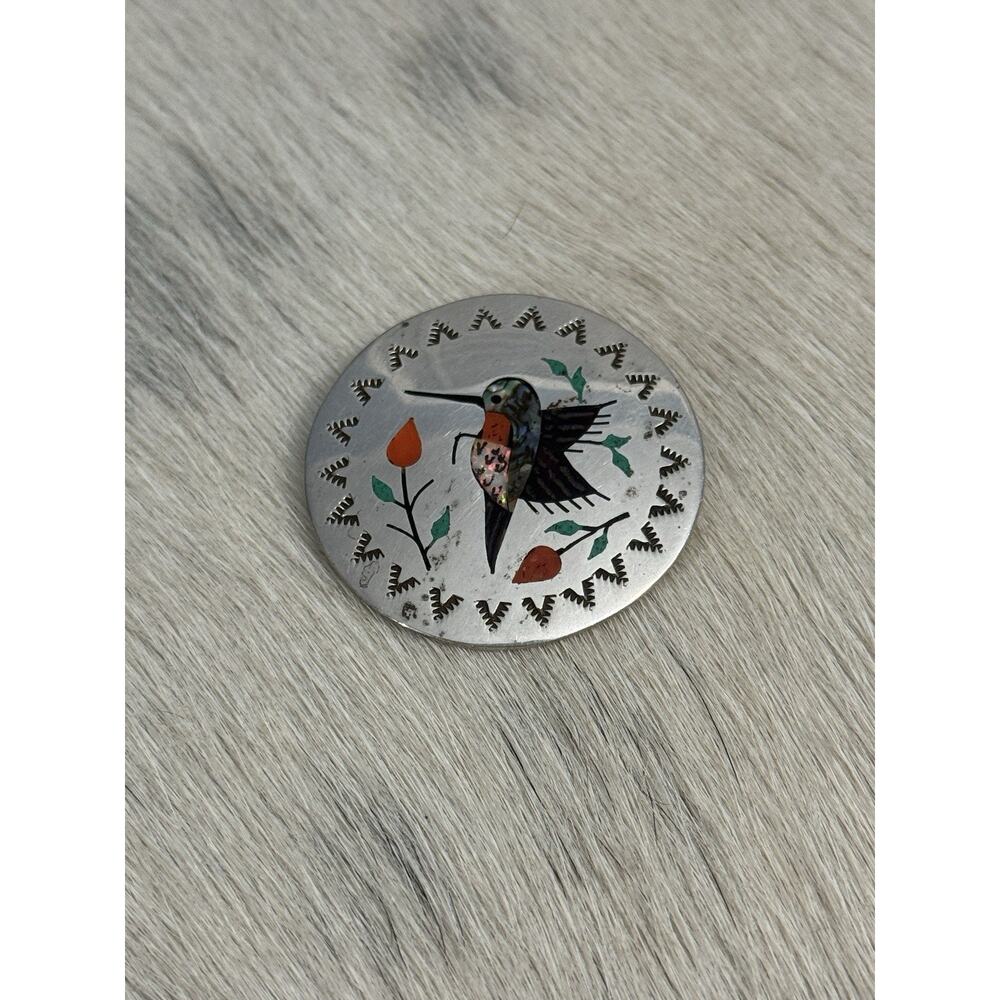 Native American Sterling Silver BOYD Turquoise Coral Opal HummingBird Pendant - Picture 3 of 10